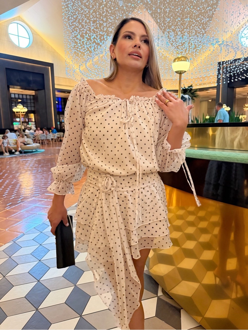 Girls' Cream Polka Dot Tiered Dress with Belt - Picture 12 of 16